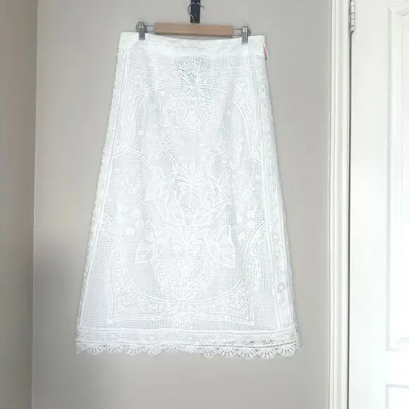 Farm Rio White Guipure Crochet Lace Midi Skirt, Coastal Bridal Boho Beachy Large - Picture 4 of 16